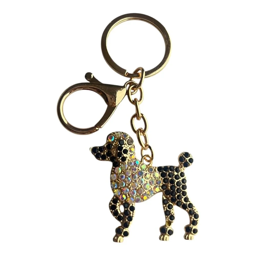Women's Gold Black Iridescent Poodle Dog Key Chain Charm Rhinestone 4
